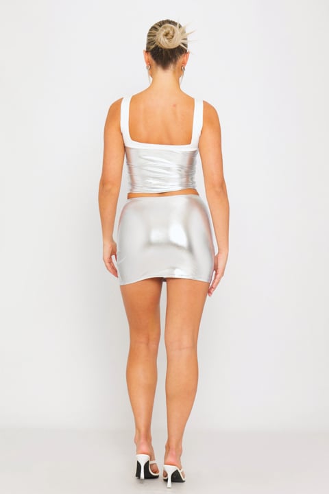 Silver Metallic Contrast Corset Detail Top & Mini Skirt Co-Ord