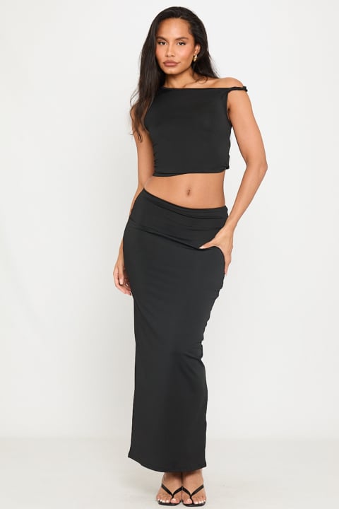 Black Off Shoulder Top & Fold Over Maxi Skirt